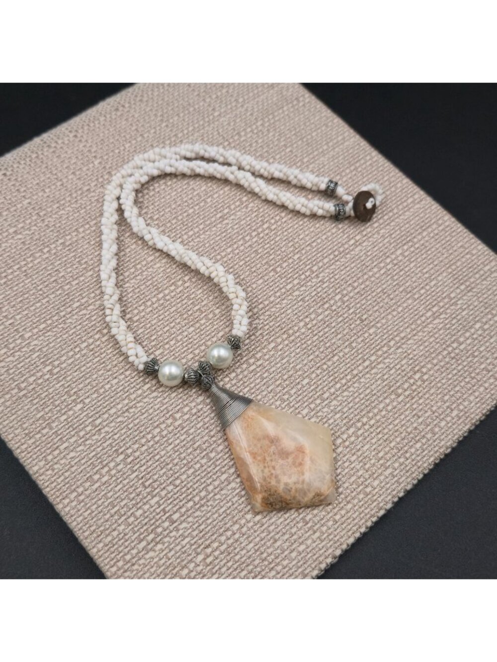 18 Inch Braided Seed Bead Large Jasper Pendant Necklace B1238 - Picture 2 of 8